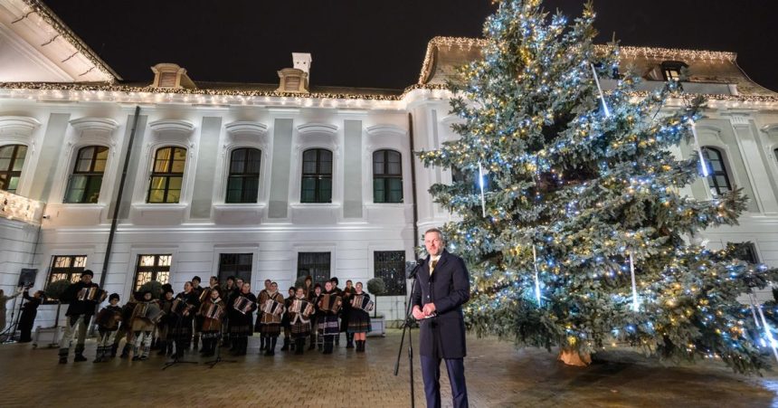 Prezident rozsvietil vianocny stromcek pred sidlom